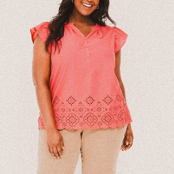 Lane Bryant hot pink Flutter Sleeve eyelet Woven Front button Top 18/20 plus - Picture 1 of 7